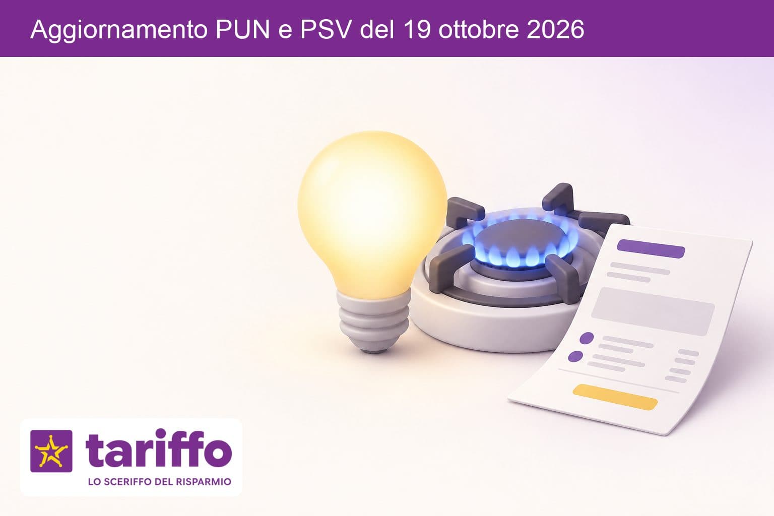 Lampadina accesa accanto a un fornello a gas e a una bolletta senza scritte