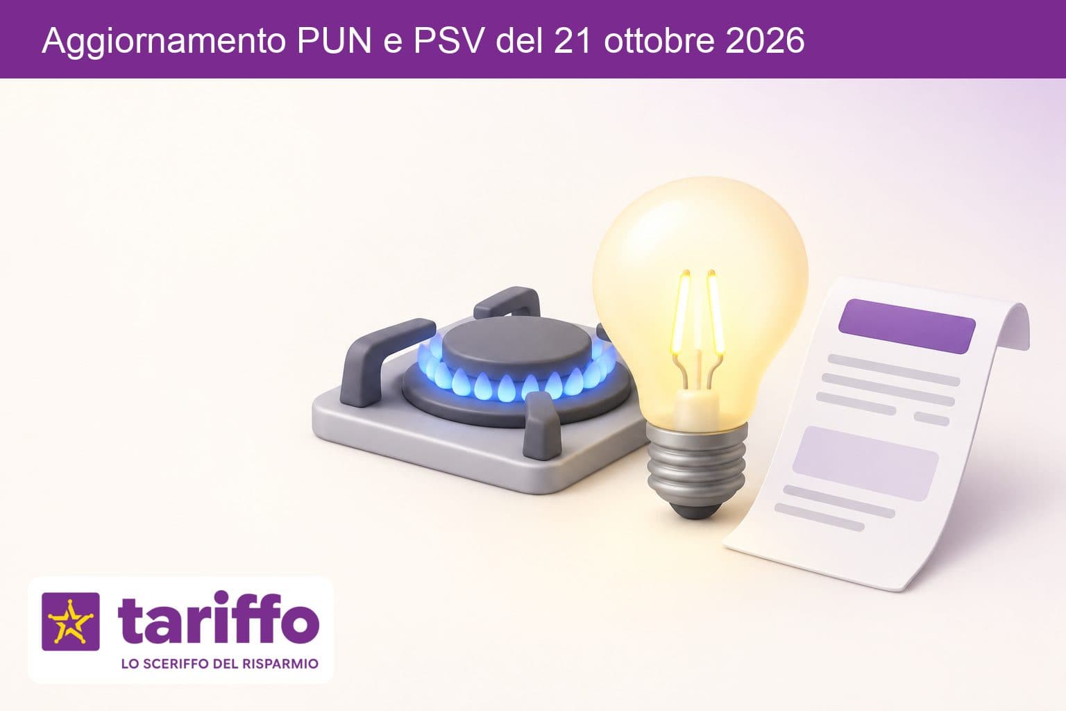 Lampadina accesa accanto a un fornello a gas e a una bolletta senza scritte
