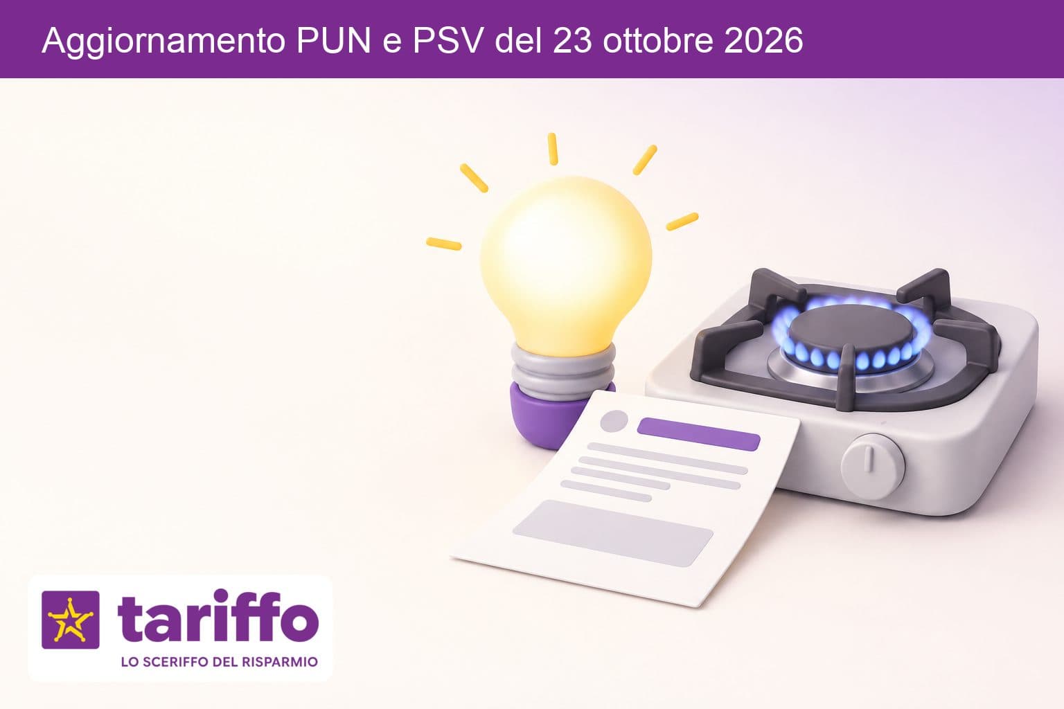 Una lampadina e un fornello a gas accanto a una bolletta senza scritte su un tavolo domestico