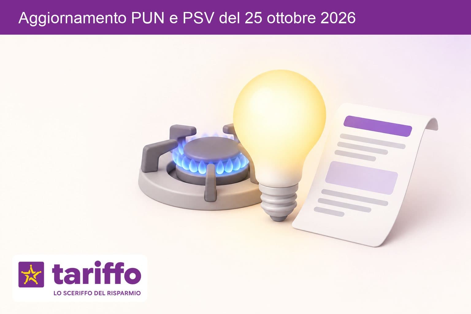 Lampadina accesa accanto a un fornello a gas e a una bolletta senza scritte
