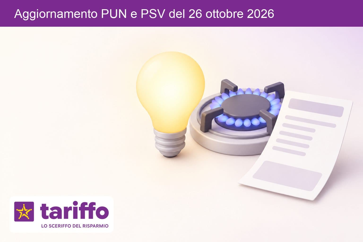 Una lampadina accesa e un fornello a gas affiancati a una bolletta senza scritte